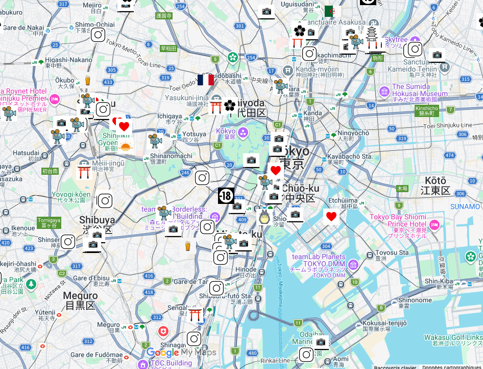 Carte Google Maps de Tokyo avec les spots photo repérés par quartier