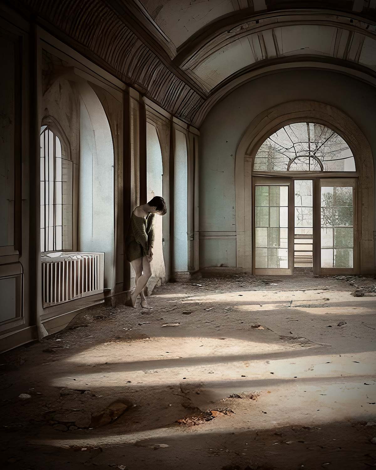 photo tarot Lost Alone, femme solitaire contre un mur dans ruines pastel, regard au sol sous une lumi&egrave;re douce