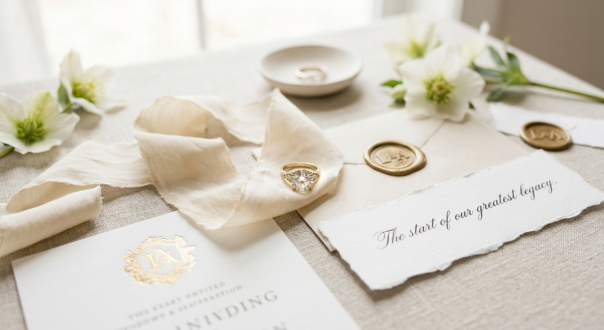 Fine art wedding photography detail of a diamond engagement ring on a champagne silk ribbon with vintage-inspired calligraphy, shot in soft natural daylight.