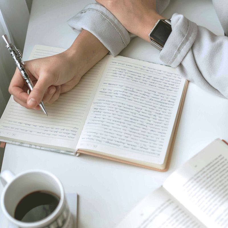 Menopausal woman writing in journal with coffee cup nearby
