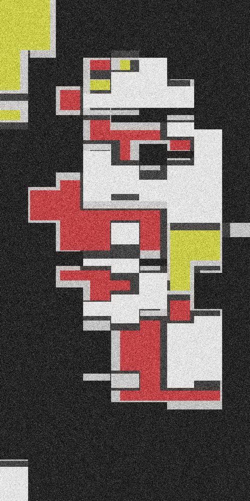 An intricate arrangement of rectangles in red, yellow, and white against a black background. The design has a pixelated effect, creating a modern and digital aesthetic.