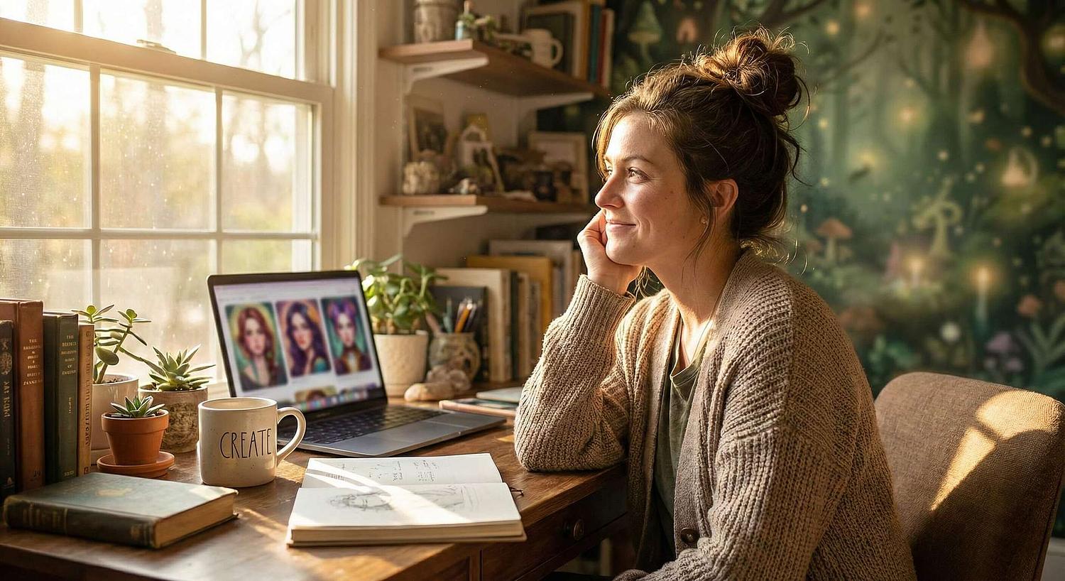 Woman smiling while working on her laptop at a desk, beginning her journey into AI photographyigital journey