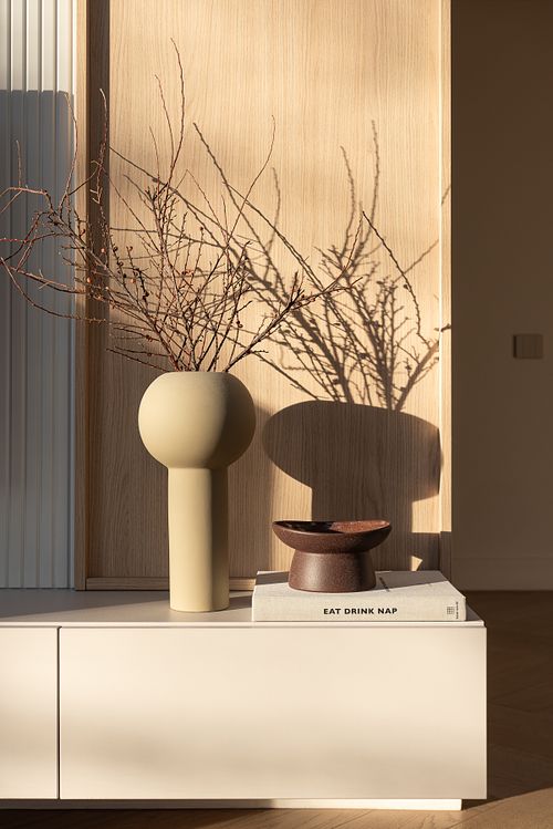 Styling detail illuminated by warm afternoon light - Faget project