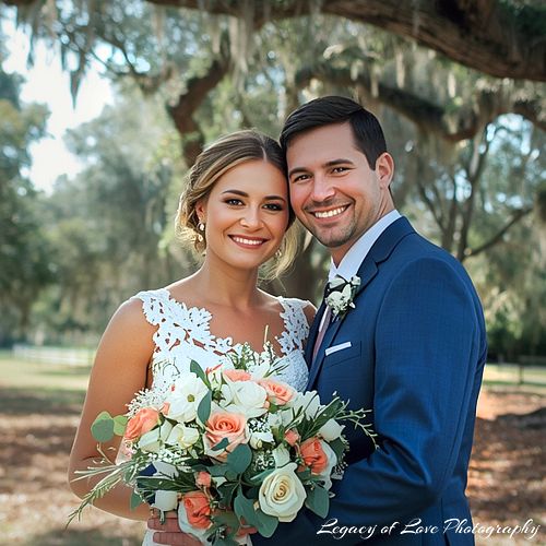 Wedding couple portrait under Ocala old oak trees with Spanish moss by Legacy of Love Photography.