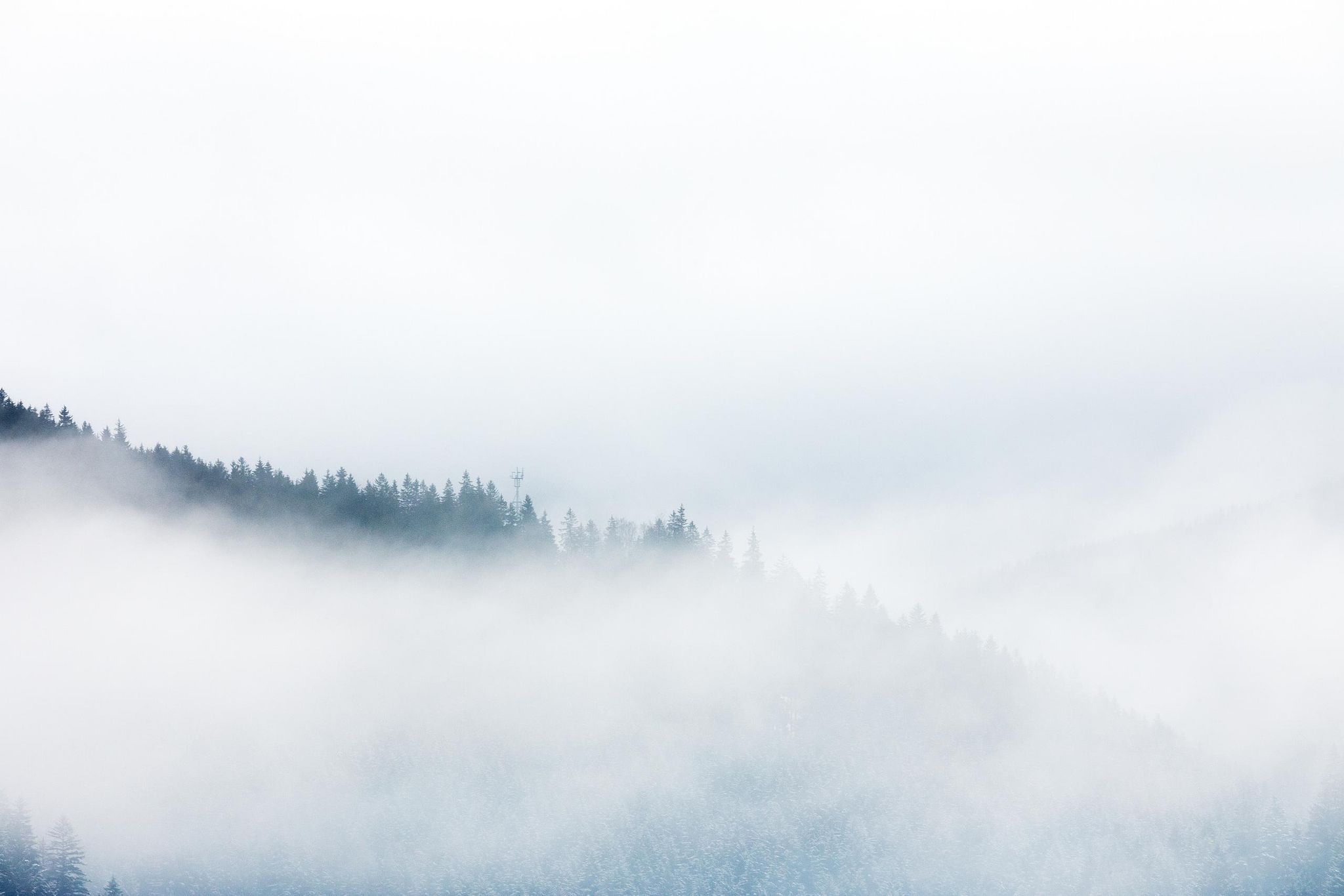 Misty forest ridge fading into soft atmospheric layers – minimalist mountain photography