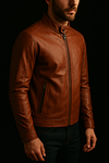 SKINS Odh : Leather Moto Jacket with Stand Collar (Cognac Brown)