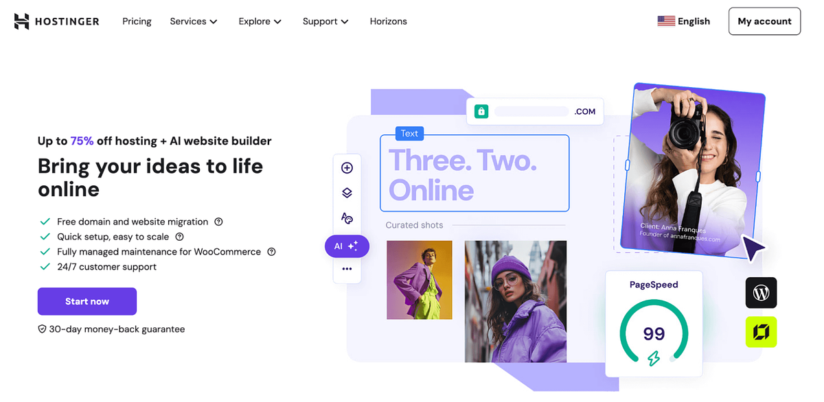 Schermafbeelding van de startpagina van Hostinger