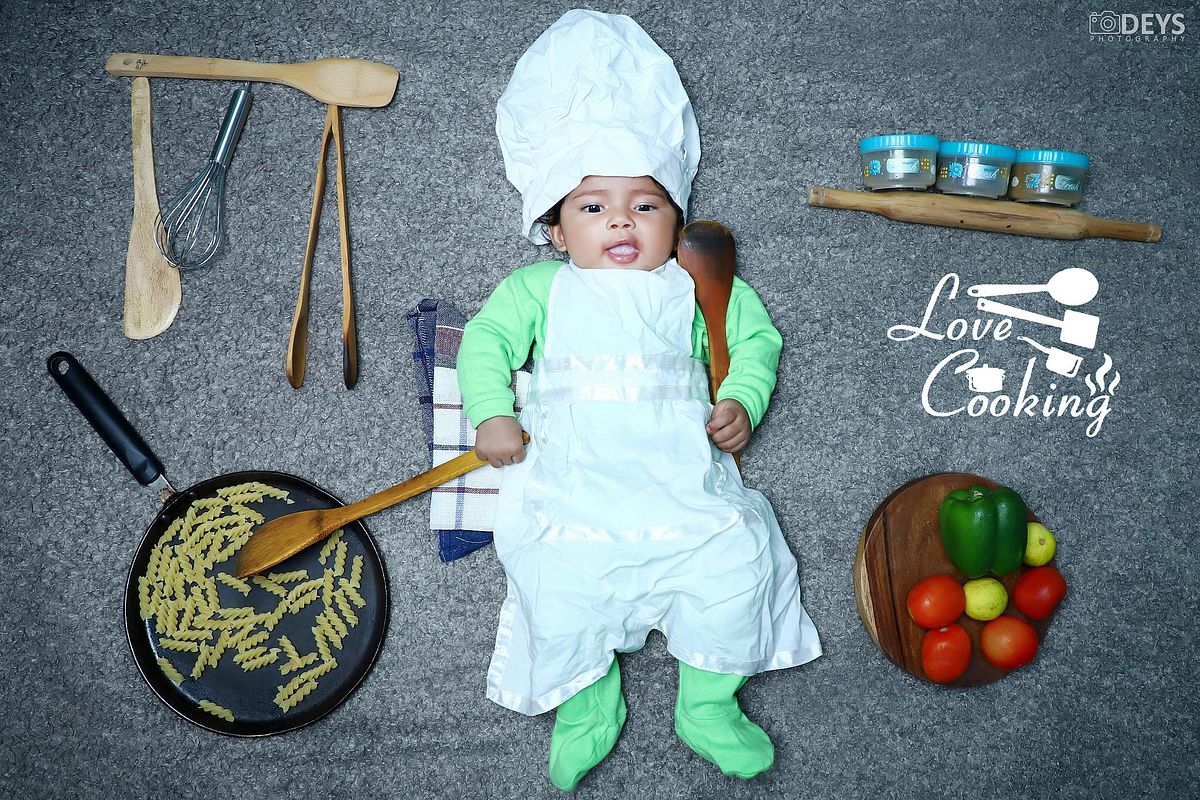 Kitchen theme cute baby photoshoot in Noida