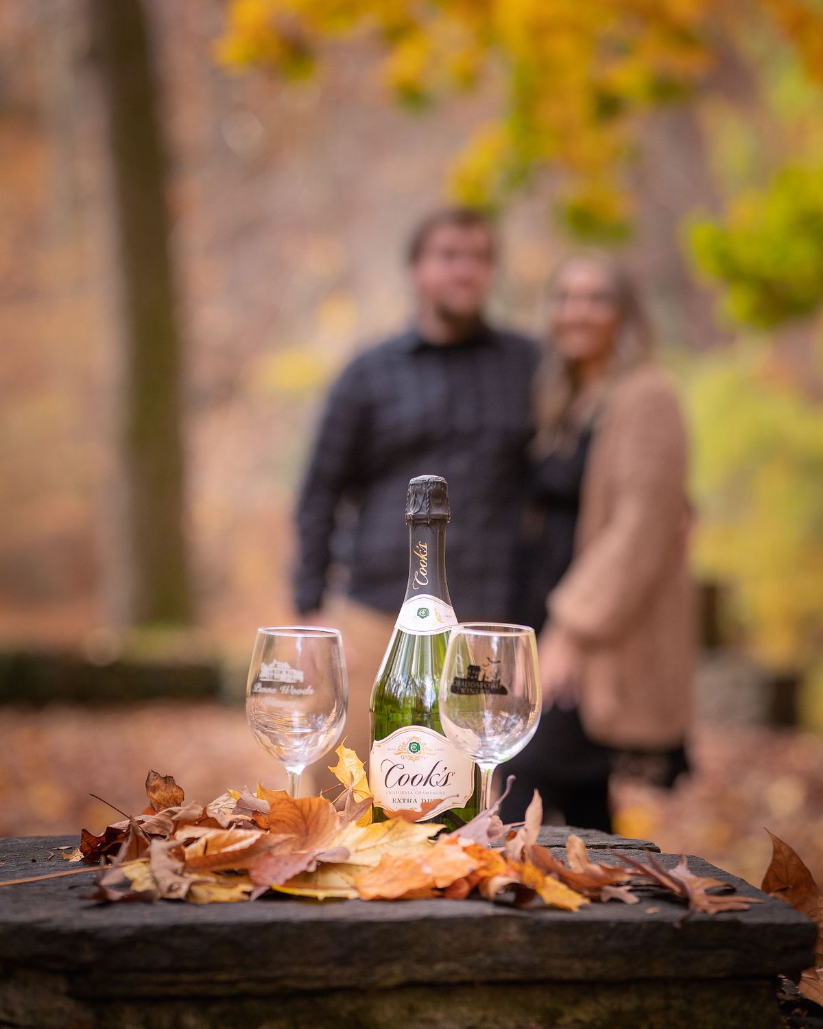 bottle of champagne in the foreground with couple blurred out in the background during an engagement session near the beach in maryland