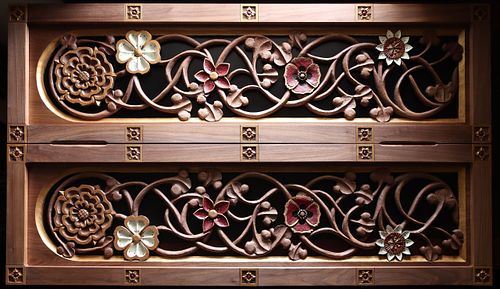 hand-carved wood panels full of vines and flowers with accent paints by Wes and Kelly Baker for a custom Sacred Heart Shrine