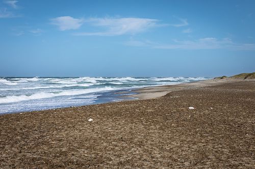 Plage de sable et ligne de mer.