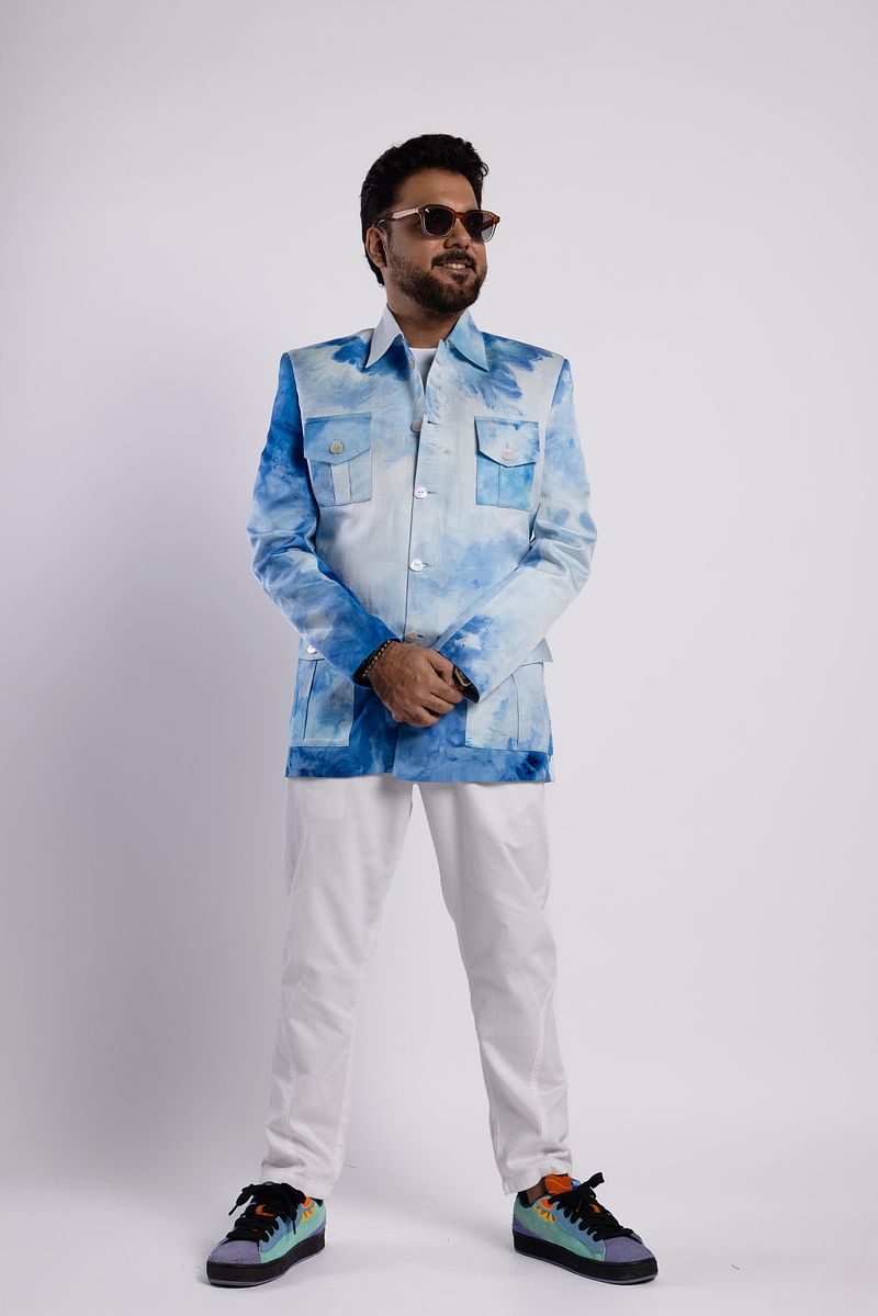 Linen Satin Safari Blazer - Summer Sky