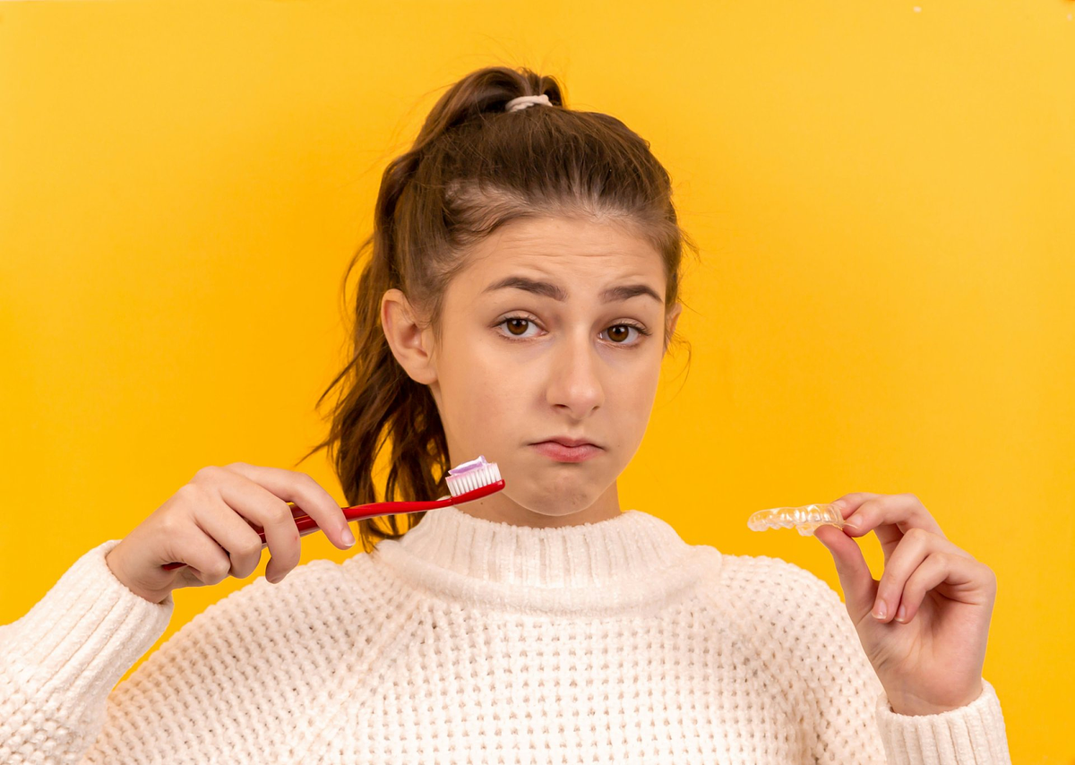 a girl with transparent braces and toothbrush