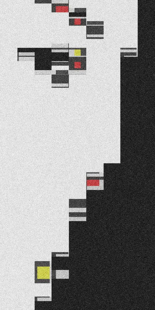 A striking composition featuring black, white, red, and yellow rectangular shapes. The image has a distinct minimalist aesthetic with a dynamic use of positive and negative space.