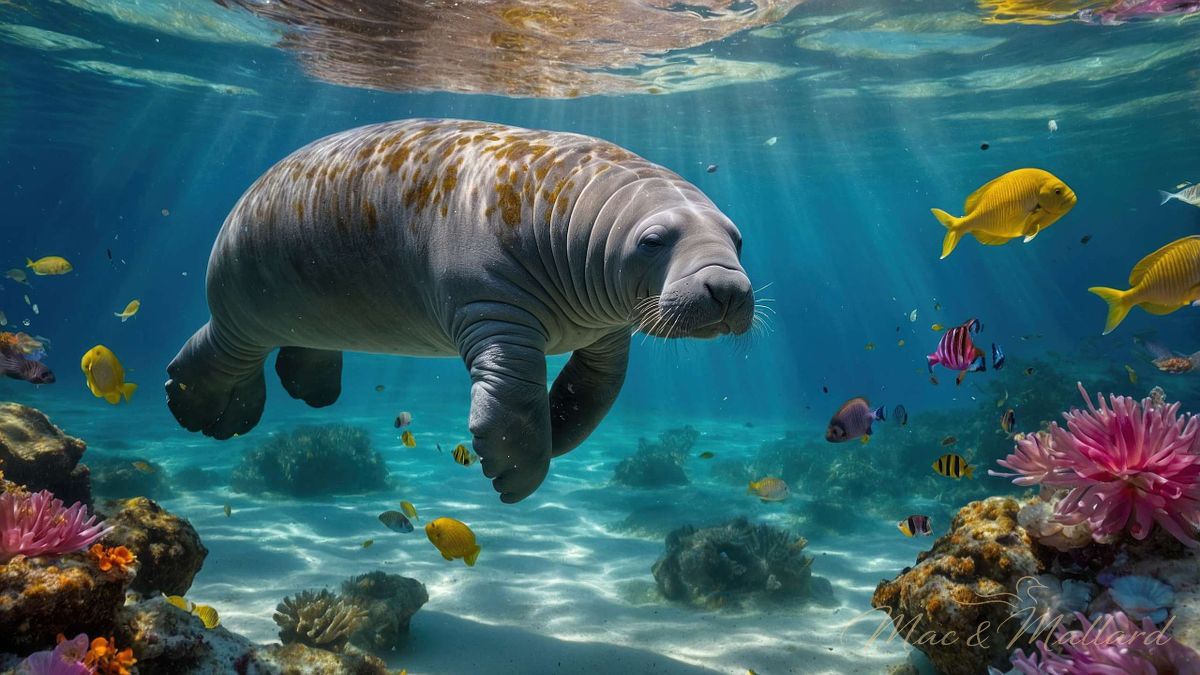 Underwater scene featuring a manatee swimming gracefully among c
