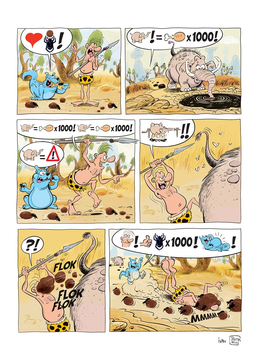 Strippagina met Caztar die een olifant besluipt. Maar hij kont te dicht bij het achterwerk van de olifant. De mestkevers dragen caztar snel weg.