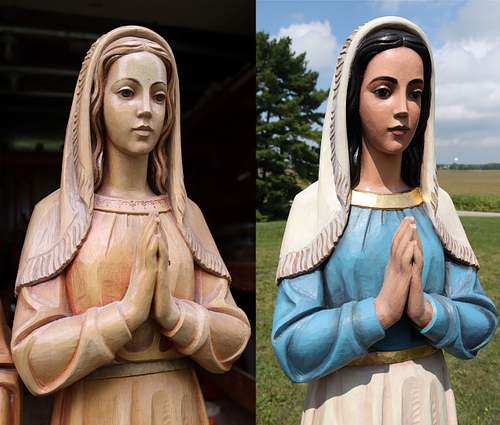 before and after picture of restored st bernadette statue front