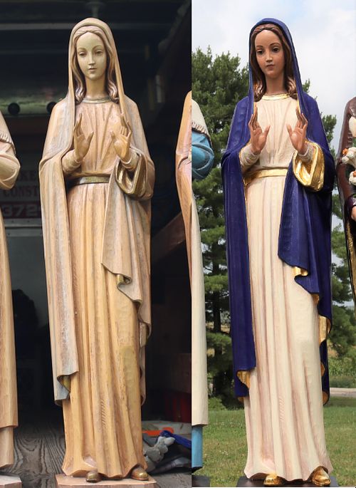 Statue of the Blessed Virgin Mary before and after complete restoration by Contrasts Woodcarving