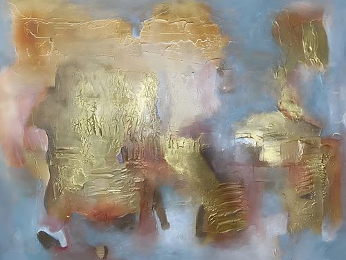 Textured champagne gold and ivory abstract painting, a sophisticated statement piece for high-ceilinged modern heritage homes and luxury hotels