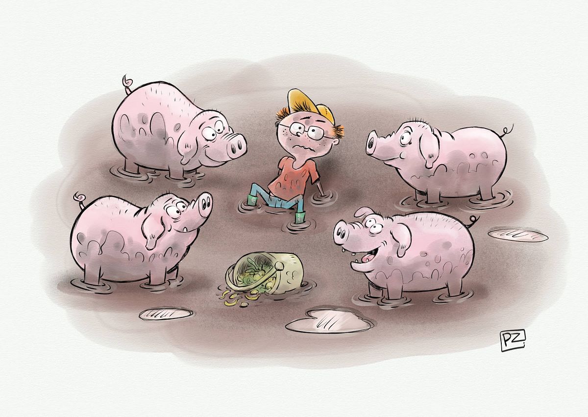 Julien ligt op zijn achterwerk in het slijk en de varkens rondom kijken lachend toe