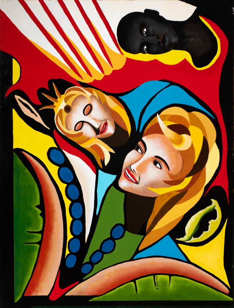 Black Angel — Peinture abstraite avec trois visages stylisés, rouges, bleus et jaunes, par Patrice Goubeau