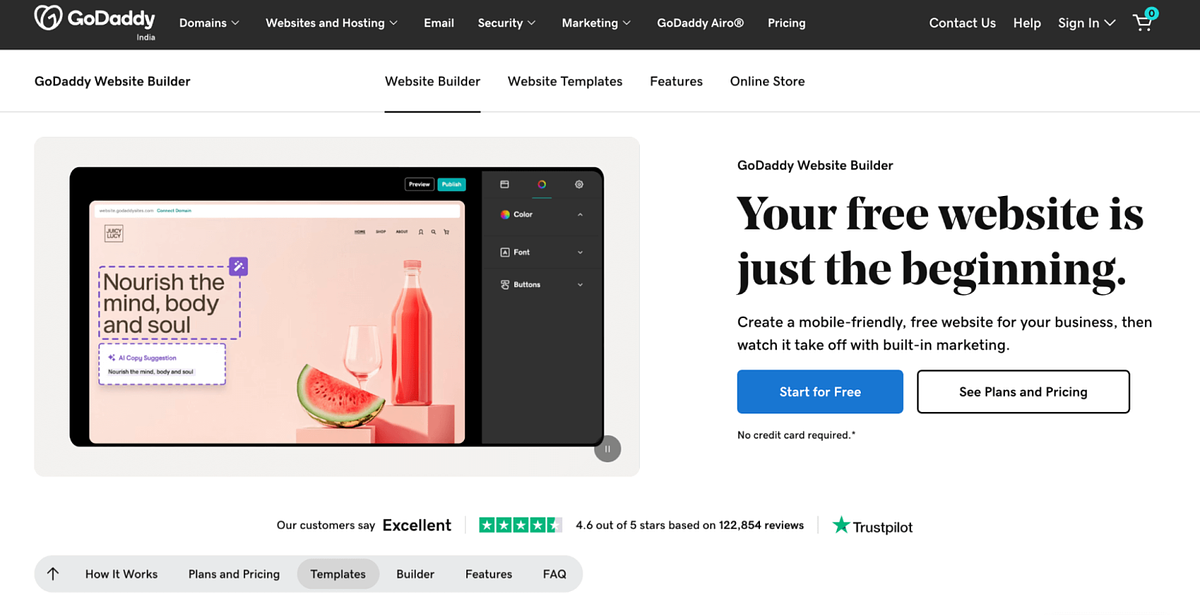 Capture d'écran de la page d'accueil du créateur de sites Web de GoDaddy