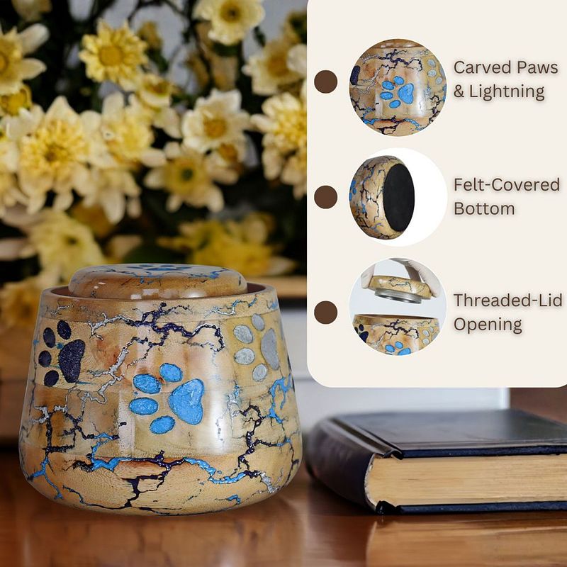 Carved Paw & Lightning Strikes Wooden Urn for Pet Ashes
