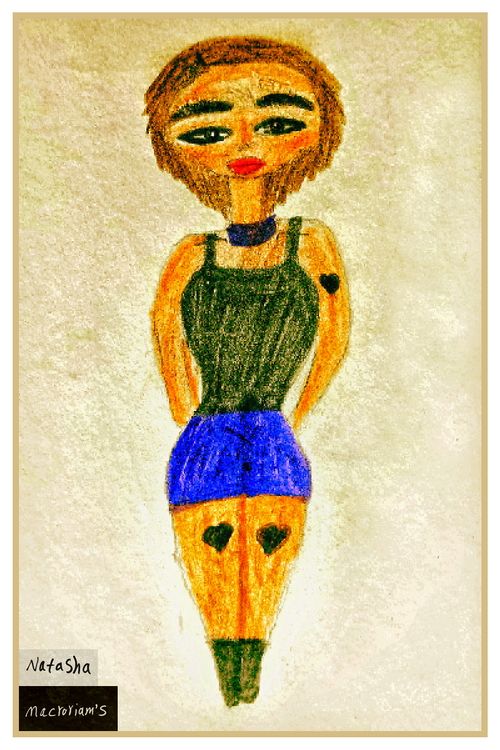 A colorful drawing shows a stylized cartoon girl with exaggerated features and heart tattoos. She wears a blue skirt and black top against a neutral background.