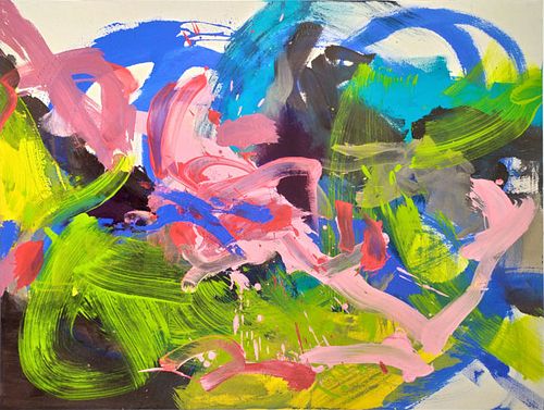 Sans s'arr&ecirc;ter, peinture abstraite color&eacute;e, tableau abstrait gestuel, grande toile abstraite, bleu, rose, vert acide, jaune, peinture abstraite, grand format, multicolore, Acrylique sur toile, 146x114 cm, expressionnisme abstrait