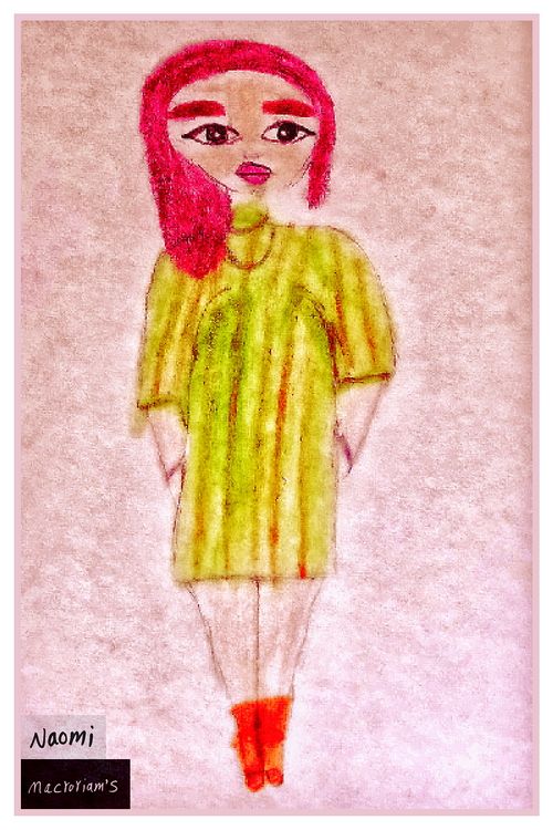 A drawing of a person with vibrant, pink hair and a yellow striped dress. The figure stands against a textured background, adding depth to the simplistic style.