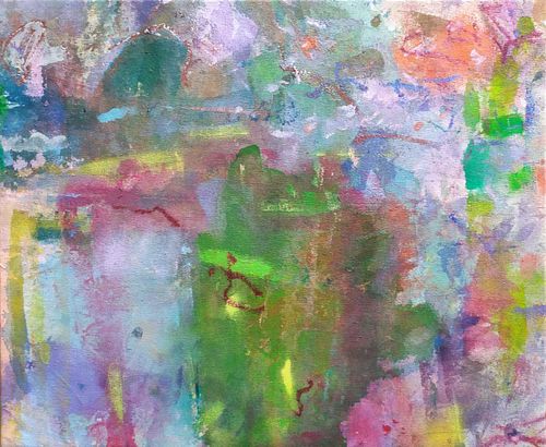 Sans Nom, peinture abstraite color&eacute;e, toile abstraite musicale, vert, mauve, moyen format, multicolore, Acrylique oil stick sur toile, 46x38 cm, abstraction lyrique, tachisme