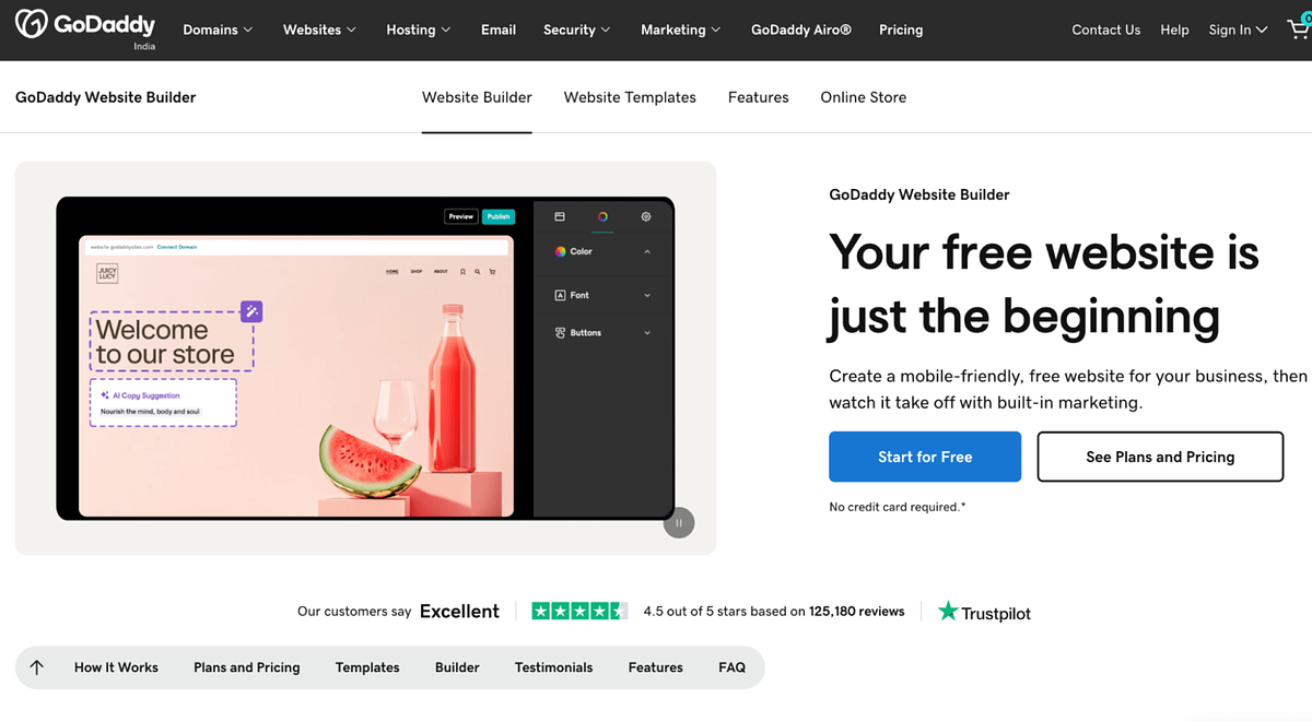 Домашняя страница конструктора сайтов GoDaddy