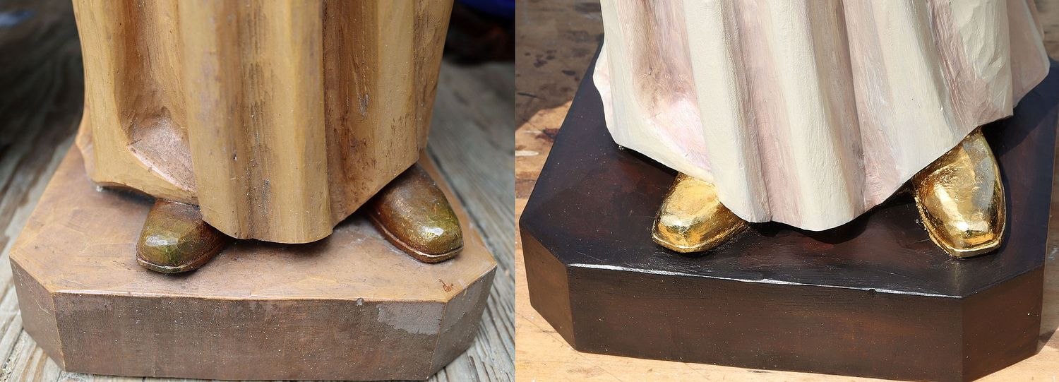 before and after picture of the restored and gold-leafed shoes of a statue of the Blessed Virgin Mary at St. Bernadette Catholic Church in Lancaster, Ohio
