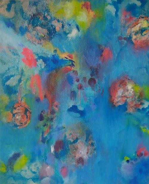 peinture florale abstraite, toile abstraite florale, peinture &agrave; l'huile, moyen format 38x46 cm, acrylique, a&eacute;rosol,  oil stick, sur toile, tableau original, abstraction lyrique, expressionnisme abstrait, tableau vendu, peinture vendue, tableau de fleurs, tableau couleur bleu, tableau couleurs satur&eacute;es, achat d'art