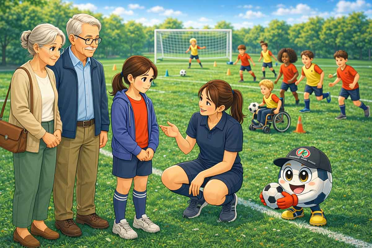 Eine Trainerin nimmt sich Zeit für ein neues Kind am Spielfeldrand und erklärt den Ablauf, während Eltern begleiten und im Hintergrund bereits trainiert wird – ein ruhiger Einstieg in den inklusiven Fußball.