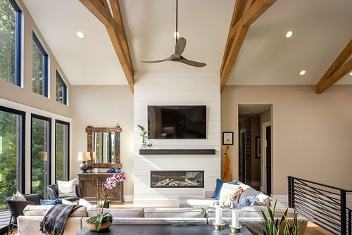 Front on view of the gas fireplace across the living room