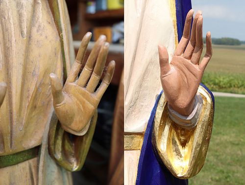 Before and after picture of the restored hand of a statue of the Blessed Virgin Mary and showing real gold leaf gilding on her sleeve