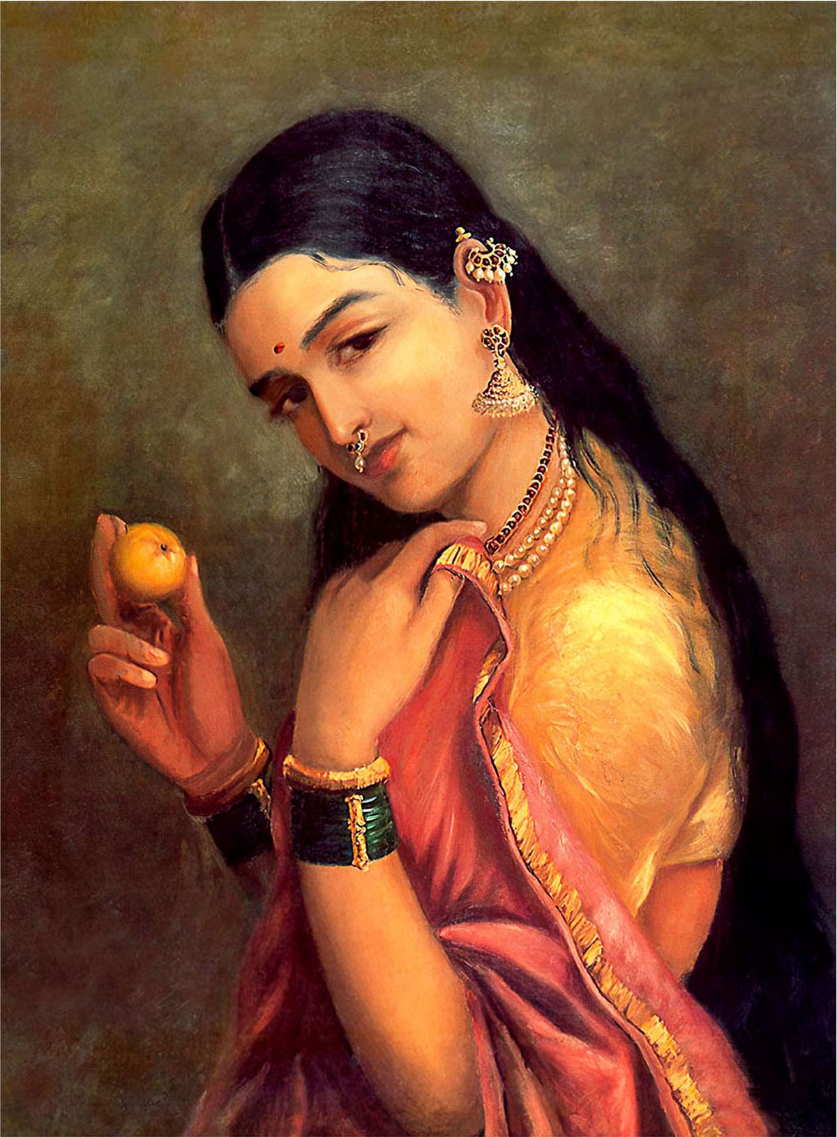 Lady Holding The Fruit By Raja Ravi Verma