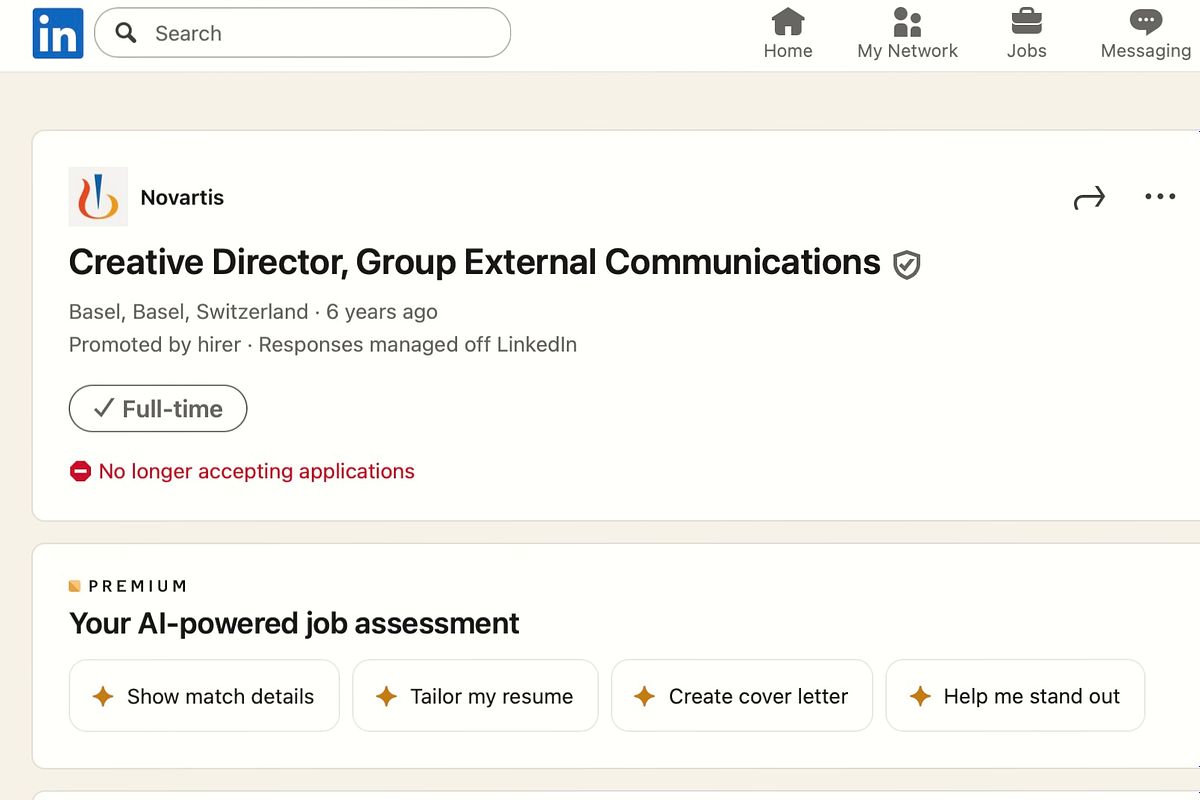 Linkedin job posting for Novartis Creative Director role that Martin Potter was awarded