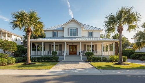 High-end exterior real estate photography of a white two-story home with a wide covered porch, manicured lawn, and palm trees, captured by PrimePropertyPhoto in Gainesville, FL.
