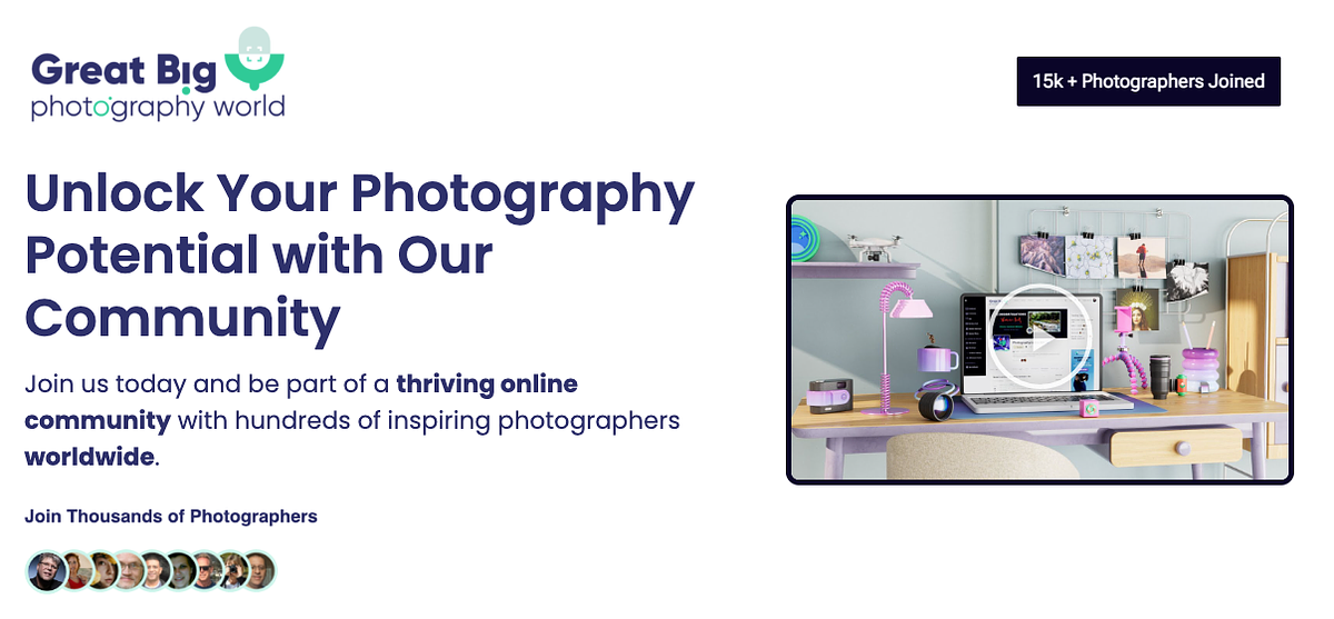 Eine Anzeige einer Online-Community für Fotografie mit dem Titel „Große Welt der Fotografie“