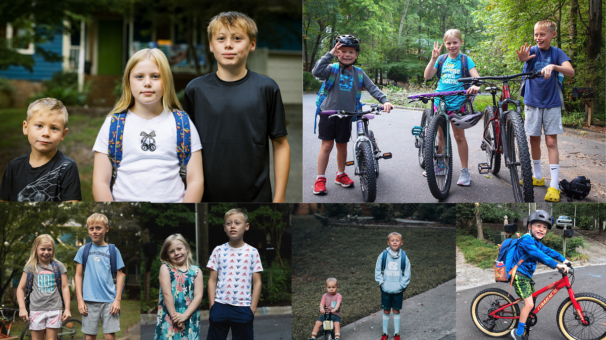 Montage of three siblings on their first day of school over the years in Chapel Hill. The photos show them growing up—posing with backpacks, standing together in front of their house, and riding bikes to school. Each image captures their changing ages and personalities, from early elementary to middle school.