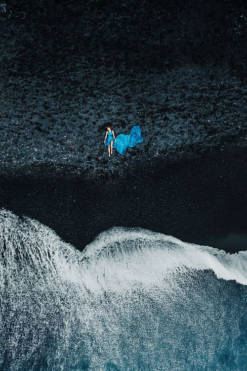 Aerial portrait at black sand beach