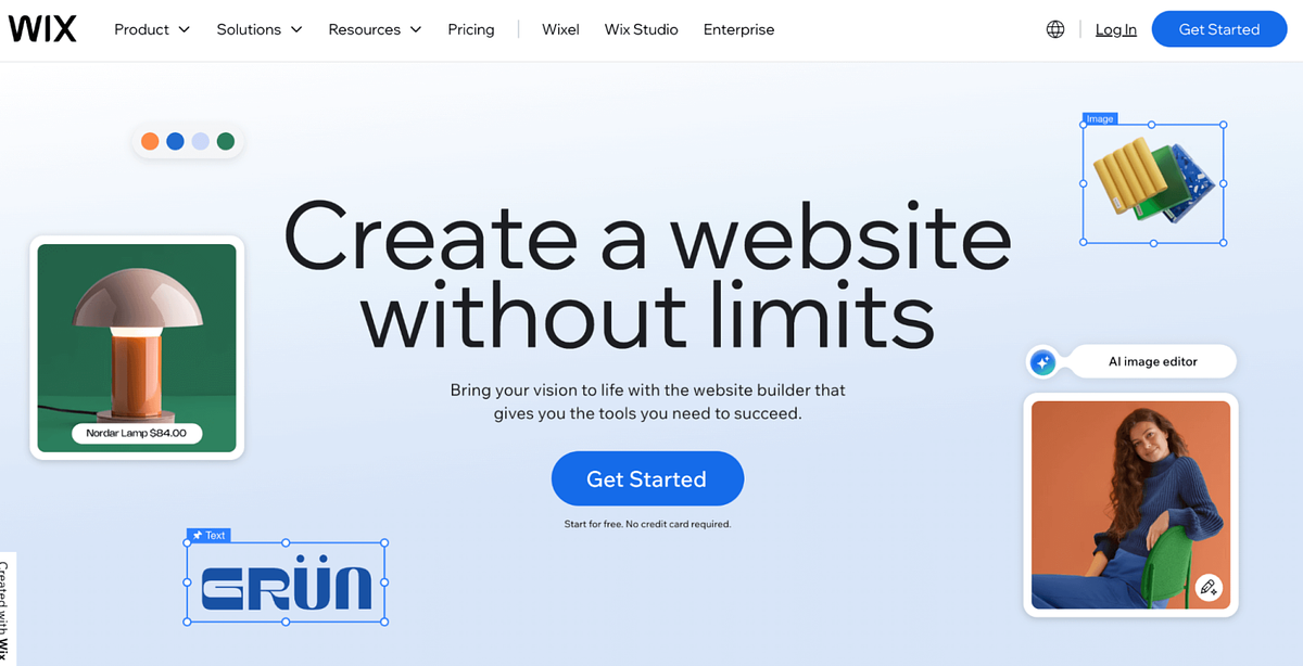 Schermafbeelding van de startpagina van Wix