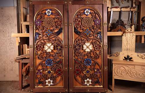 Richly carved and painted doors for the altarpiece at St. Bernadette Catholic Church