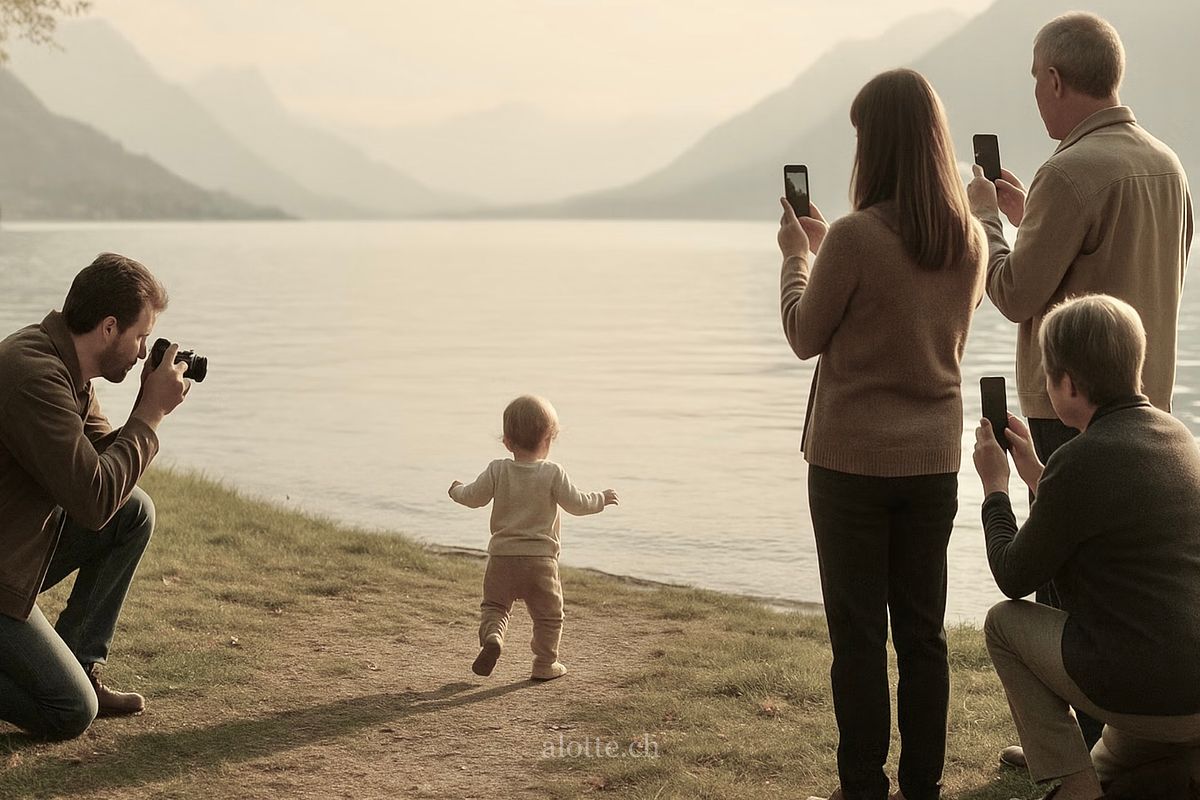 Image of a toddler by a Swiss lake being photographed by Martin Potter with SLR and family with iPhones