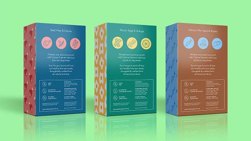Back of the three package designs, each featuring the different colour scheme, pattern, and mascot variation for the flavours Breakfast in Bed, Sunday Roast, and Catch of the Day.