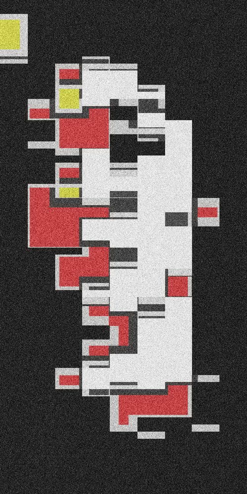 An abstract pattern of squares and rectangles is arranged asymmetrically. The primary colors used are red, black, yellow, and white.
