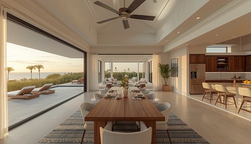 A wide-angle interior shot by PrimePropertyPhoto showing a modern living room and kitchen in Gainesville, FL, with large sliding glass doors leading to a private screened-in swimming pool.