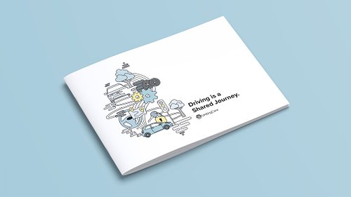 Closed booklet front cover, featuring the title &lsquo;Driving Is a Shared Journey&rsquo;, the UnitingCare logo, and an illustration combining multiple elements from across the booklet.